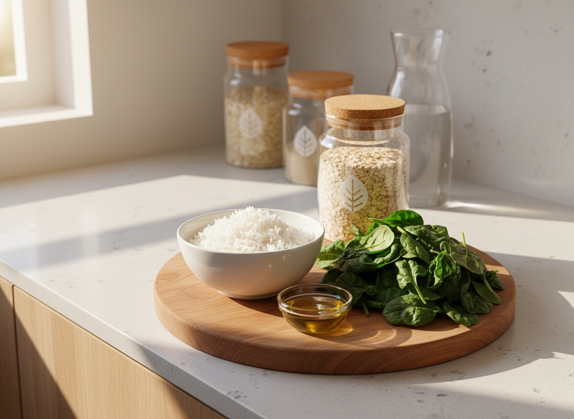 An inviting kitchen scene showcasing Balsam of Peru–safe food products: a clean wooden cutting board with a bowl of plain cooked rice, a small dish of olive oil, a pile of fresh leafy greens, and a simple glass jar of unflavored oats. Subtle non-text markings on the jars function as a visual BOP-safe verification. The countertop is light quartz, and in the softly blurred background stand a few additional pantry containers and a carafe of water. Warm late-morning natural light streams in from the side, creating gentle highlights on the glossy ceramics and clear glass. Photographed from a three-quarter overhead angle with moderate depth of field, the image feels wholesome, modern, and reassuringly safe for sensitive diets, without any clinical cues.
