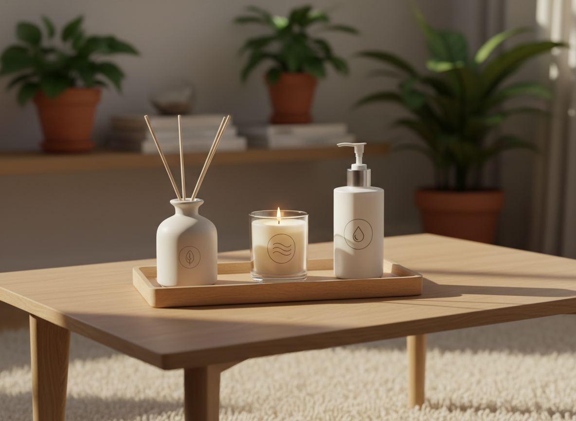 A stylish living room coffee table scene featuring Balsam of Peru–safe fragrance and household products: a matte ceramic reed diffuser with natural reeds, a simple glass soy candle in a clear holder, and a discreet pump bottle of unscented surface cleaner placed on a pale oak tray. Each has a refined, icon-based BOP-safe marker, free of legible text. The table rests on a soft, neutral woven rug, with blurred shelves and plants in the background. Late afternoon sunlight pours through an unseen window, producing warm highlights on glass and subtle shadows from the reeds. Captured at eye level with a shallow depth of field in clean photographic realism, the composition uses asymmetrical balance to convey a calm, sophisticated, fragrance-conscious home that avoids hidden irritants.
