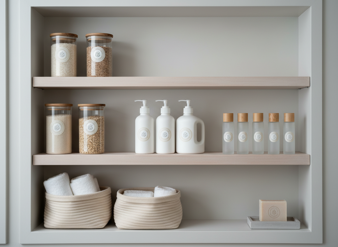 A neatly organized shelf niche dedicated to Balsam of Peru–safe essentials, combining skincare, household, and pantry products. Clear glass canisters hold basic staple foods, matte pump bottles contain unscented cleansers, and slim cosmetic bottles stand in a row, all in a soft neutral palette of whites, beiges, and light grays. Each item displays a unified, graphic BOP-safe emblem instead of readable text. Cool, diffused daylight from above and the side casts even illumination with faint, orderly shadows, emphasizing cleanliness without clinical associations. Shot straight-on with sharp focus throughout and a slightly wide framing, the image feels curated, modern, and thoughtfully minimalist, suggesting a lifestyle built around managing a Balsam of Peru allergy with elegance and clarity.