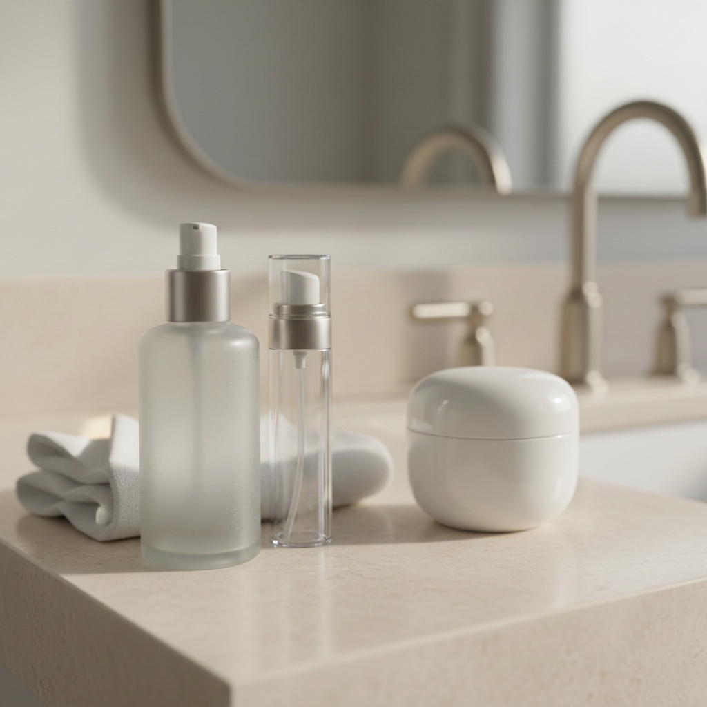 A close-up, photographic image of a Balsam of Peru–safe skincare routine arranged on a pale stone bathroom vanity: a frosted glass cleanser bottle, a slim airless serum pump, a glossy white moisturizer jar, and a soft, folded cotton face cloth. Each product has a small, simple seal icon indicating BOP-safe without any legible text. Diffused morning light filters through an unseen window, reflecting gently on the smooth stone and glass surfaces and creating soft, natural shadows. Shot from a slightly elevated angle with shallow depth of field, the composition follows the rule of thirds, with the foreground product in sharp focus and the rest elegantly blurred. The atmosphere is serene, luxurious, and minimalist, reflecting a sophisticated, ingredient-conscious lifestyle.