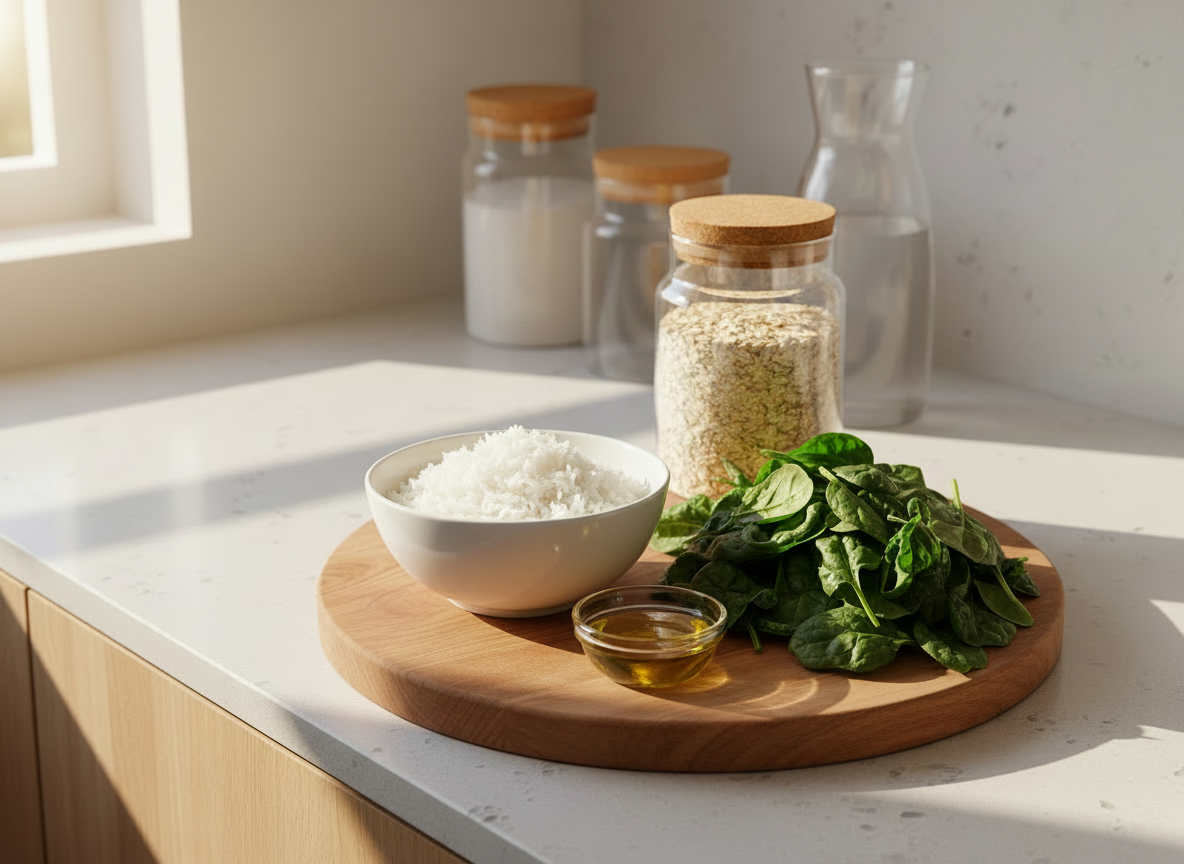 An inviting kitchen scene showcasing Balsam of Peru–safe food products: a clean wooden cutting board with a bowl of plain cooked rice, a small dish of olive oil, a pile of fresh leafy greens, and a simple glass jar of unflavored oats. The countertop is light quartz, and in the softly blurred background stand a few additional pantry containers and a carafe of water — all containers are completely plain with no markings, logos, leaf symbols, or decorations of any kind. Warm late-morning natural light streams in from the side, creating gentle highlights on the glossy ceramics and clear glass. Photographed from a three-quarter overhead angle with moderate depth of field, the image feels wholesome, modern, and reassuringly safe for sensitive diets, without any clinical cues.