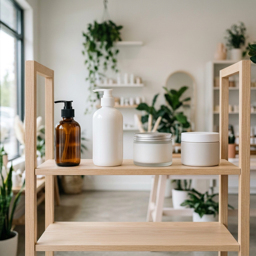 Four skincare containers on wooden shelf with green plants in background