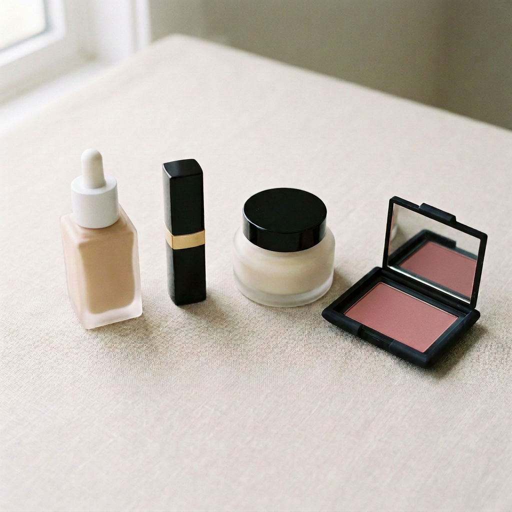 Four luxury makeup products including foundation, lipstick, face base, and blush on beige cloth